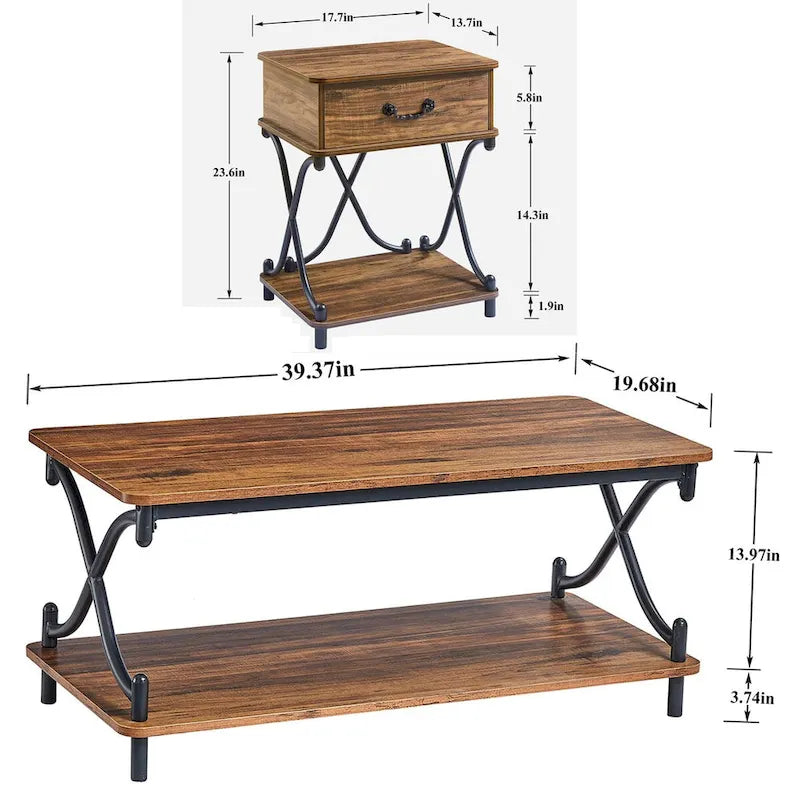 Modern 3-piece Coffee Table, Sofa Table & 1-drawer Nightstand Set of 2(Brown/Black/White)