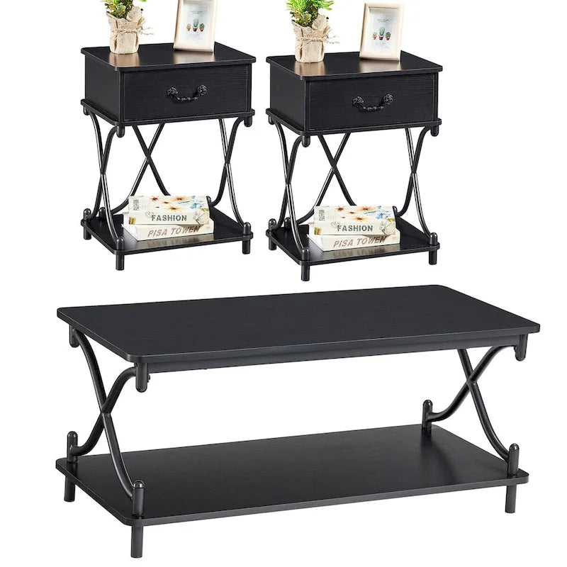 Modern 3-piece Coffee Table, Sofa Table & 1-drawer Nightstand Set of 2(Brown/Black/White)