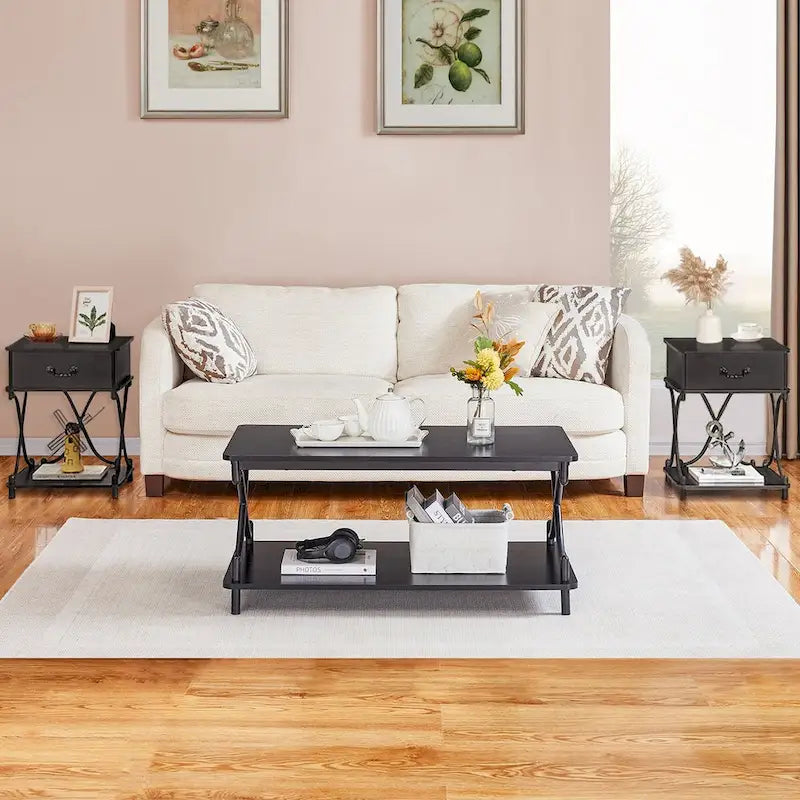 Modern 3-piece Coffee Table, Sofa Table & 1-drawer Nightstand Set of 2(Brown/Black/White)