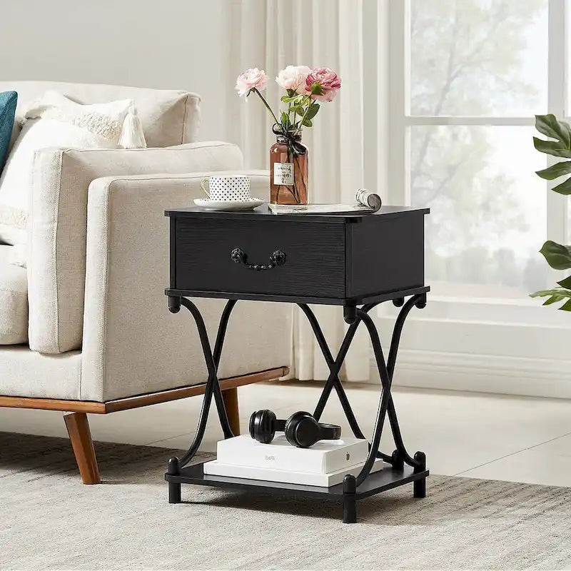 Modern 3-piece Coffee Table, Sofa Table & 1-drawer Nightstand Set of 2(Brown/Black/White)