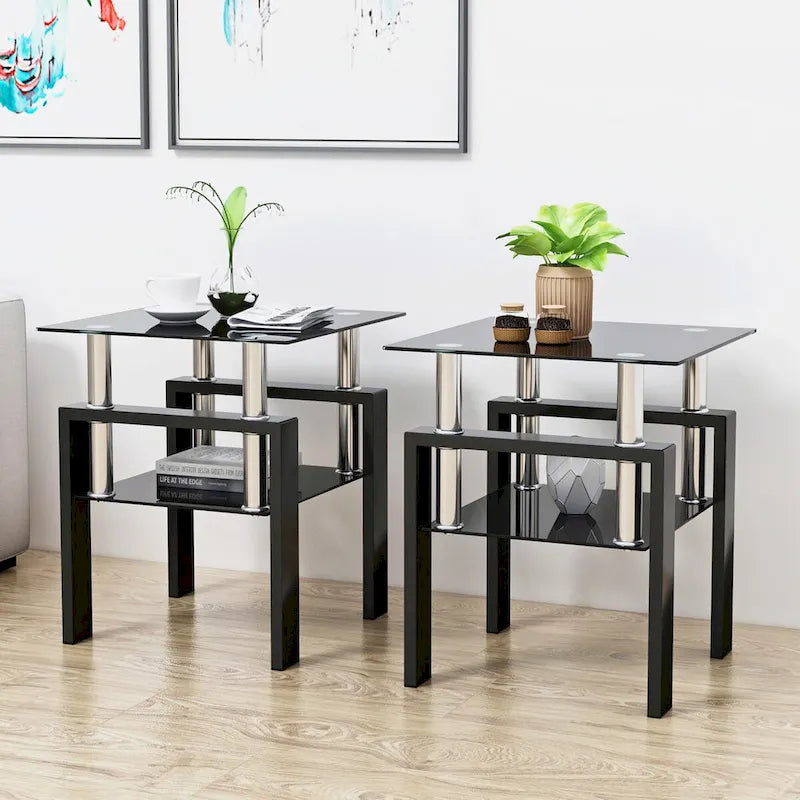 Set Of 2, Modern Tempered Glass Tea Table Coffee Table End Table