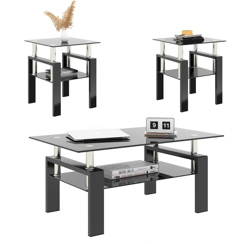 Set Of 2, Modern Tempered Glass Tea Table Coffee Table End Table