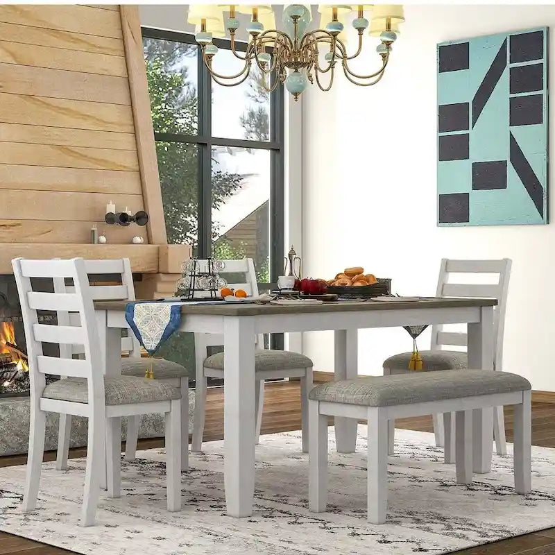 60 Farmhouse Rectangular Dining Table with 4 Upholstered Chairs and Bench