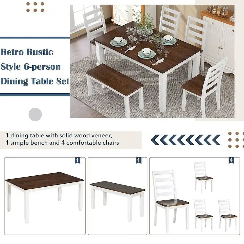 60 Farmhouse Rectangular Dining Table with 4 Upholstered Chairs and Bench