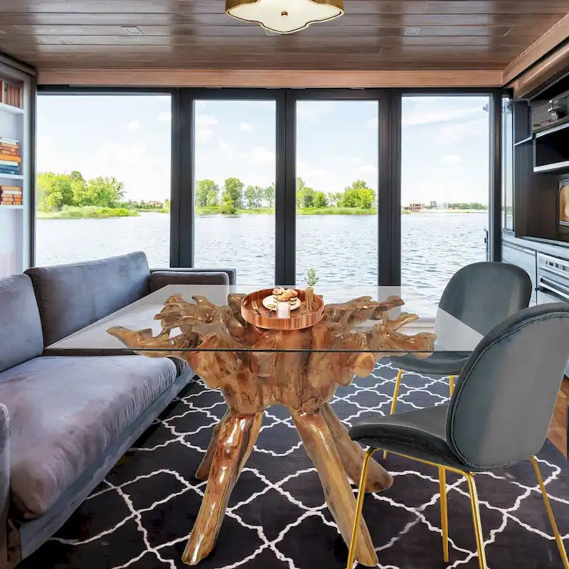 Teak Wood Root Dining Table with 55 inch Square Glass Top