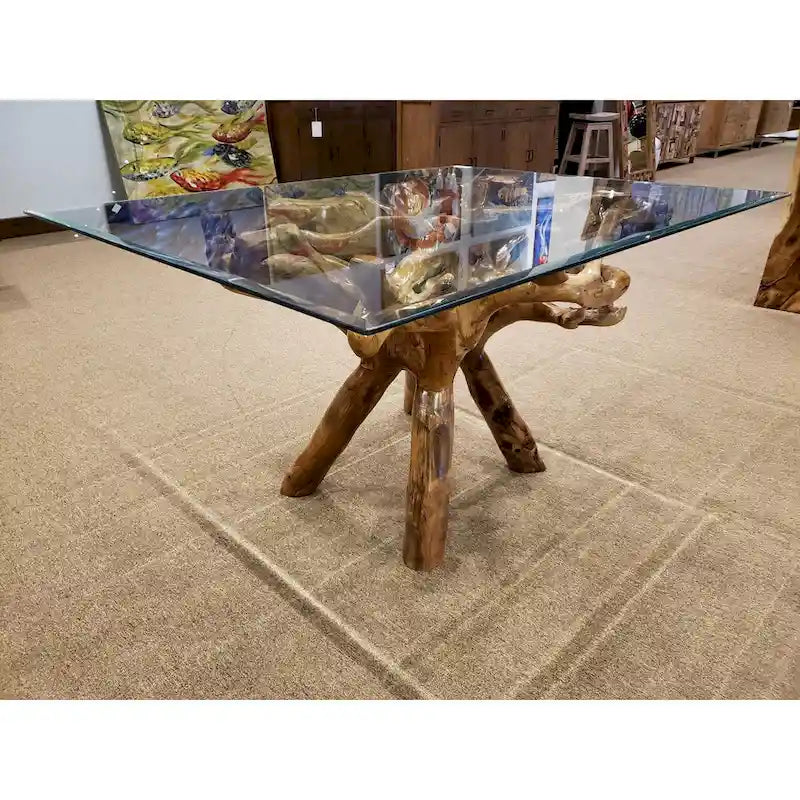 Teak Wood Root Dining Table with 55 inch Square Glass Top