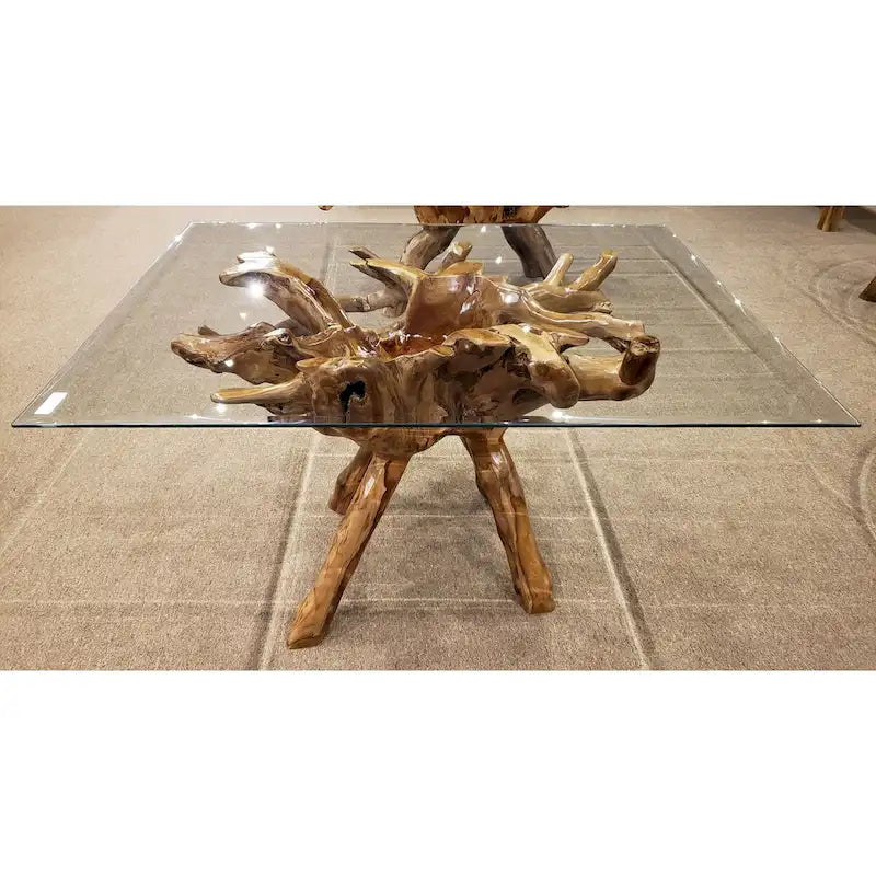 Teak Wood Root Dining Table with 55 inch Square Glass Top