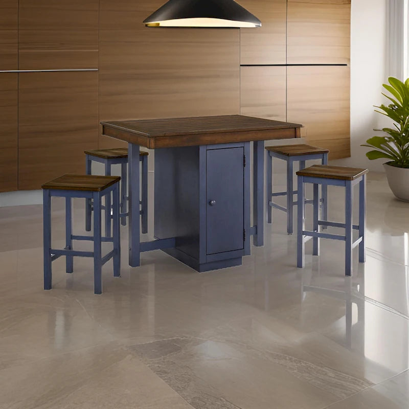 5 Piece Counter Height Dining Table Set, 4 Stools, Antique Oak, Blue Wood