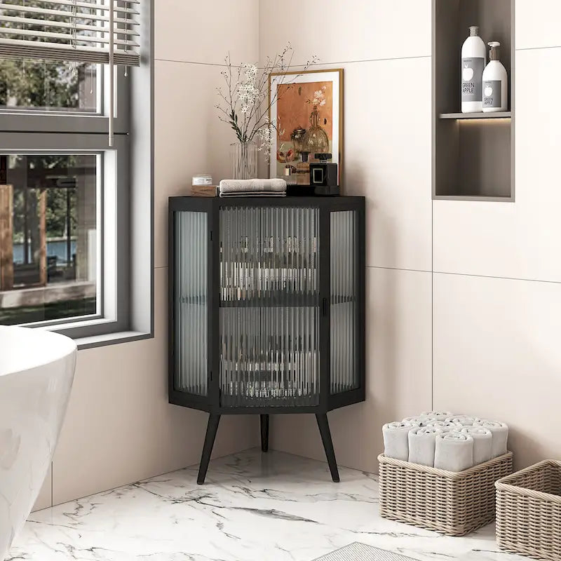 Floor Coner Cabinet, 3 Tiers with Tempered Glass Doors and Storage Shelves