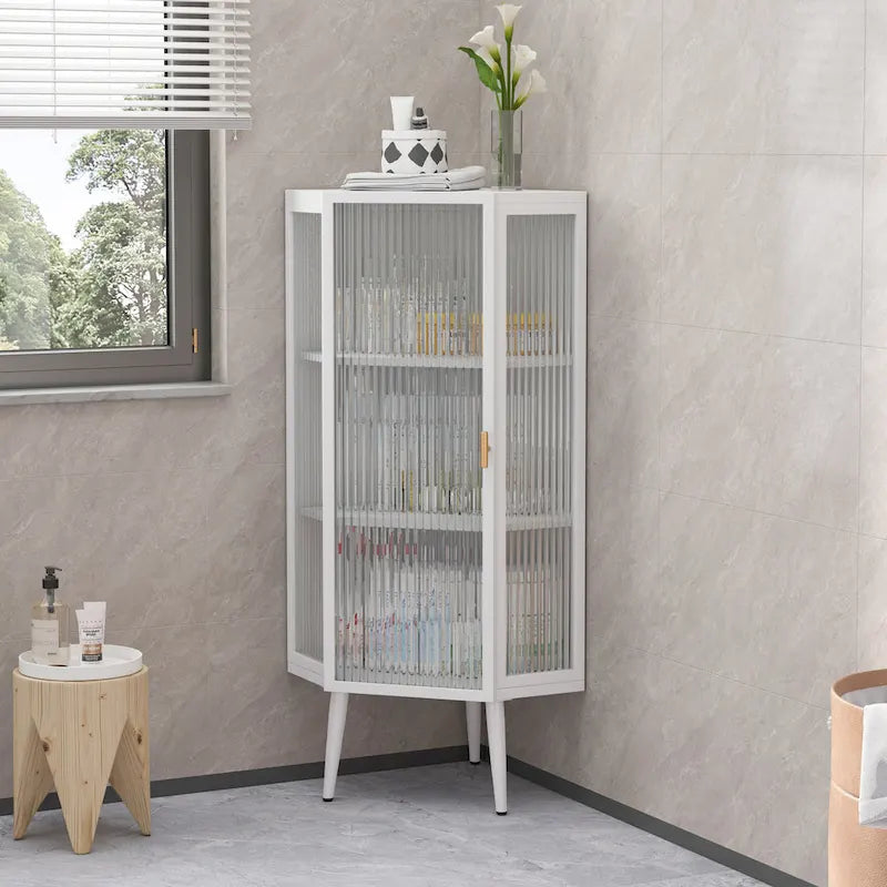 Floor Coner Cabinet, 3 Tiers with Tempered Glass Doors and Storage Shelves