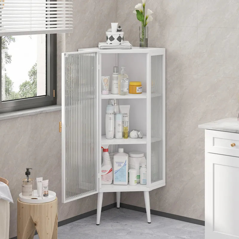 Floor Coner Cabinet, 3 Tiers with Tempered Glass Doors and Storage Shelves
