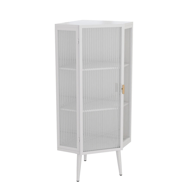 Floor Coner Cabinet, 3 Tiers with Tempered Glass Doors and Storage Shelves
