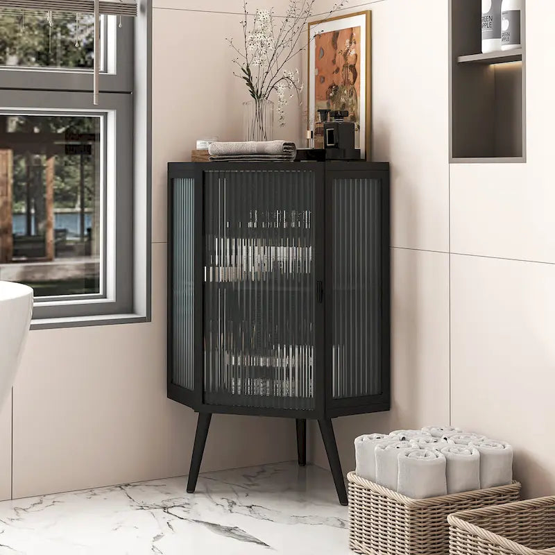 Floor Coner Cabinet, 3 Tiers with Tempered Glass Doors and Storage Shelves