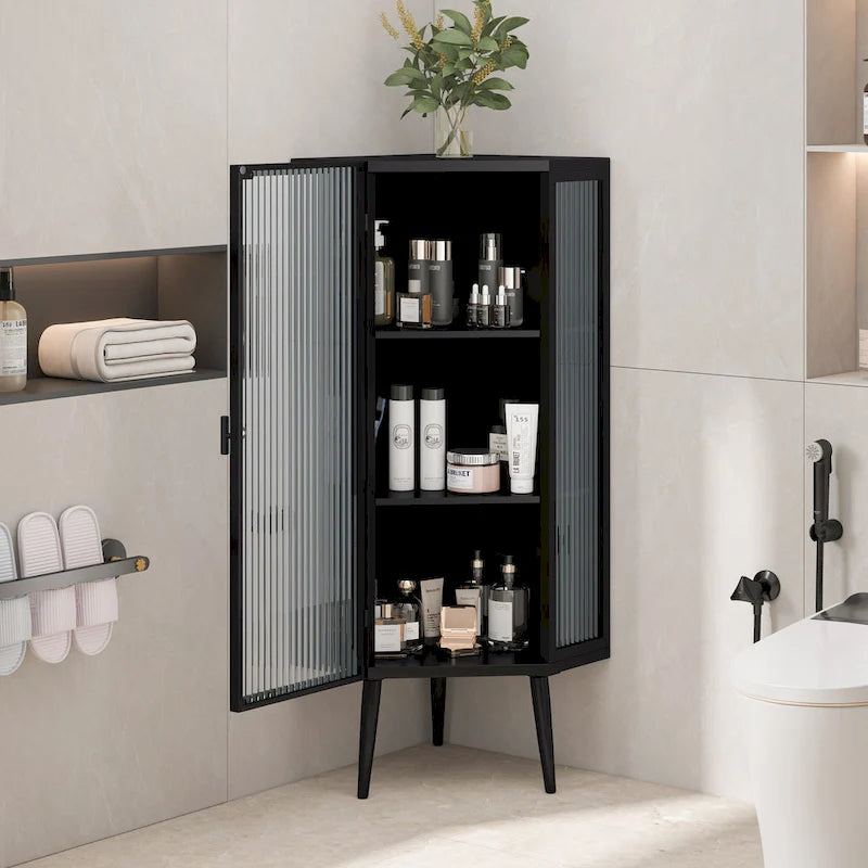 Floor Coner Cabinet, 3 Tiers with Tempered Glass Doors and Storage Shelves