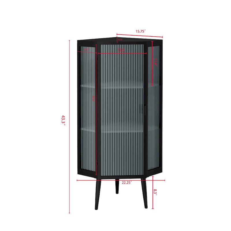 Floor Coner Cabinet, 3 Tiers with Tempered Glass Doors and Storage Shelves