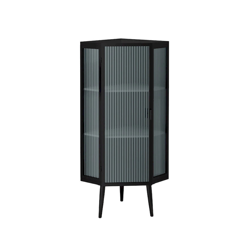 Floor Coner Cabinet, 3 Tiers with Tempered Glass Doors and Storage Shelves