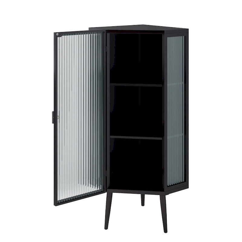 Floor Coner Cabinet, 3 Tiers with Tempered Glass Doors and Storage Shelves