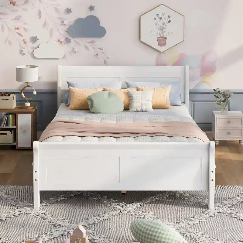 Wood Platform Bed with Headboard and Wooden Slat Support