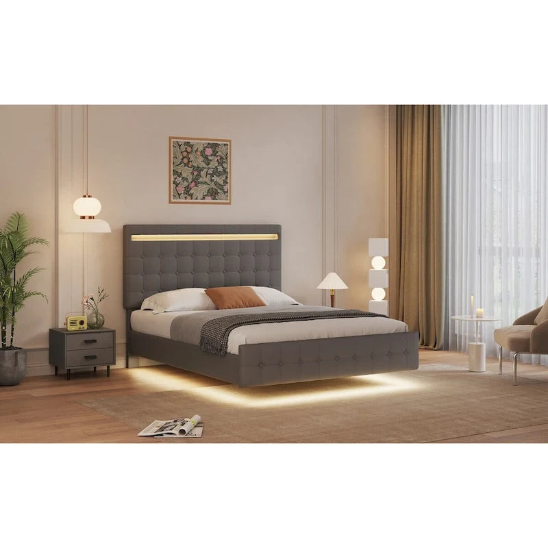 Floating Bed Frame Queen Size with LED Lights, Upholstered Headboard and Footboard Platform Bed, Wood Slats Easy Assembly