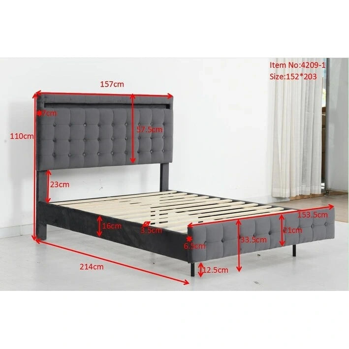 Floating Bed Frame Queen Size with LED Lights, Upholstered Headboard and Footboard Platform Bed, Wood Slats Easy Assembly