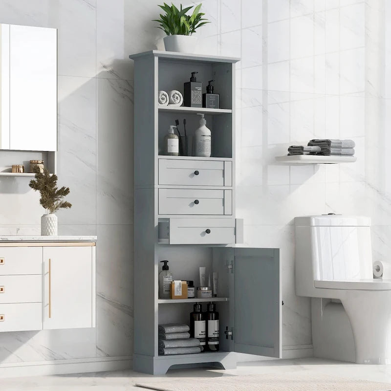 Tall Storage Cabinet with 3 Drawers and Adjustable Shelves for Bathroom