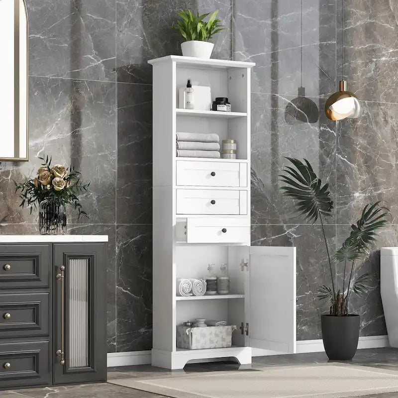 Tall Storage Cabinet with 3 Drawers and Adjustable Shelves for Bathroom