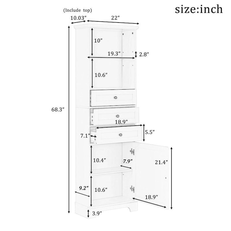 Tall Storage Cabinet with 3 Drawers and Adjustable Shelves for Bathroom
