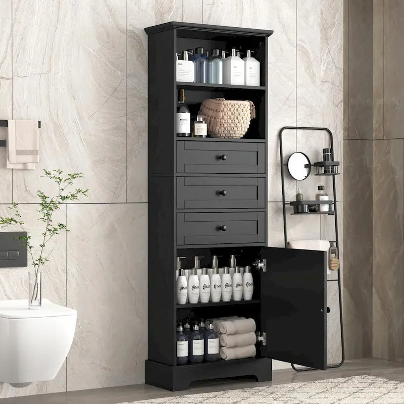 Tall Storage Cabinet with 3 Drawers and Adjustable Shelves for Bathroom