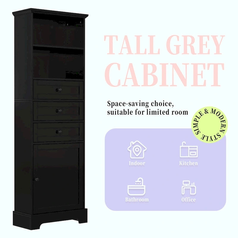 Tall Storage Cabinet with 3 Drawers and Adjustable Shelves for Bathroom