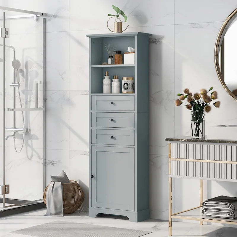 Tall Storage Cabinet with 3 Drawers and Adjustable Shelves for Bathroom