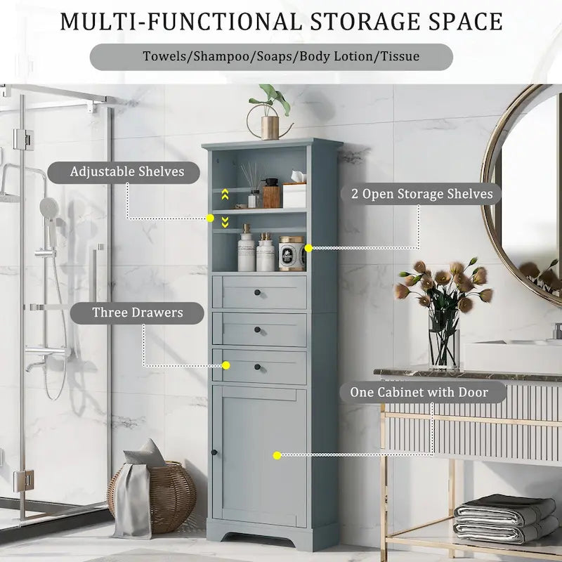 Tall Storage Cabinet with 3 Drawers and Adjustable Shelves for Bathroom