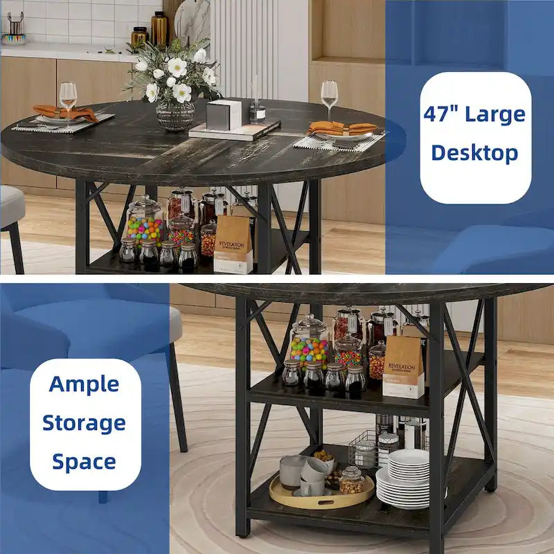 Moasis Round Dining Table with Storage Shelves Metal Legs for 4-6 People for Dining Living Room