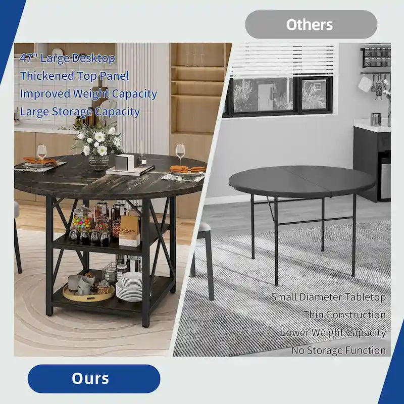 Moasis Round Dining Table with Storage Shelves Metal Legs for 4-6 People for Dining Living Room