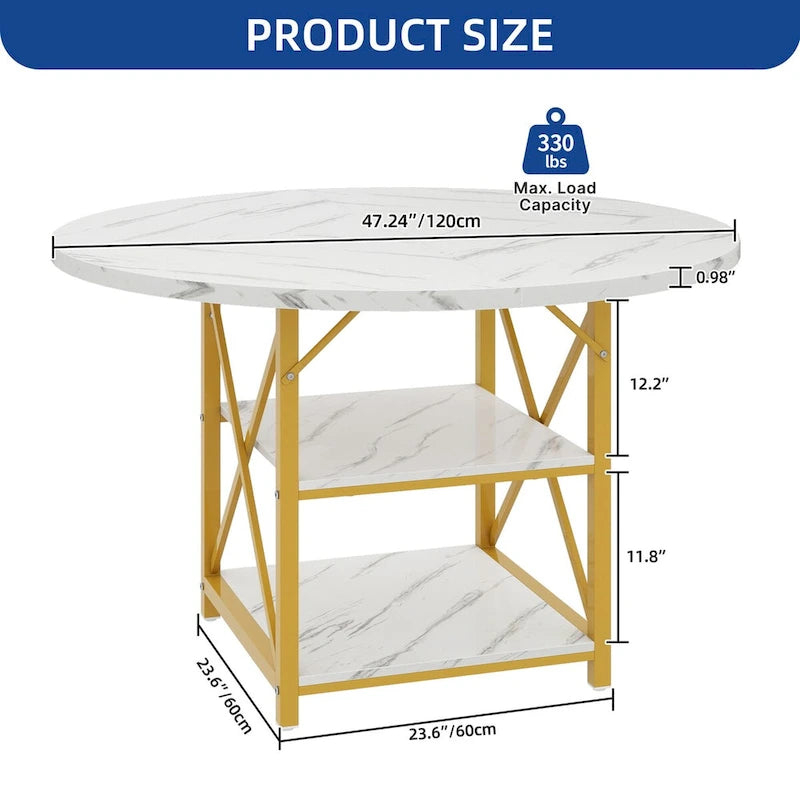 Moasis Round Dining Table with Storage Shelves Metal Legs for 4-6 People for Dining Living Room